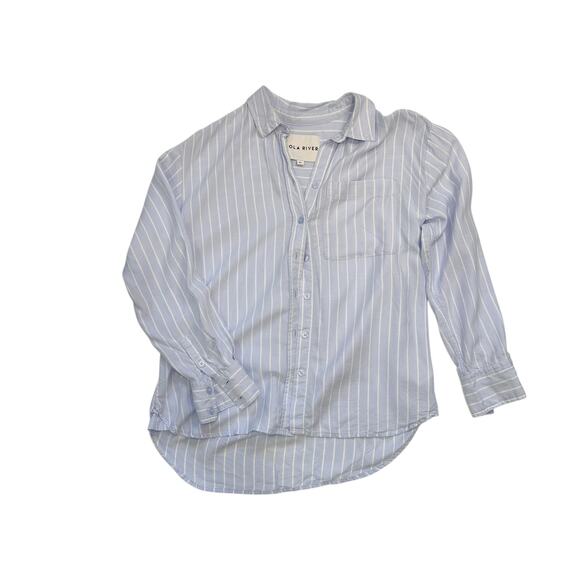 Lola River Blue White Striped Button Up Shirt Medium Classic Normcore - Picture 3 of 12